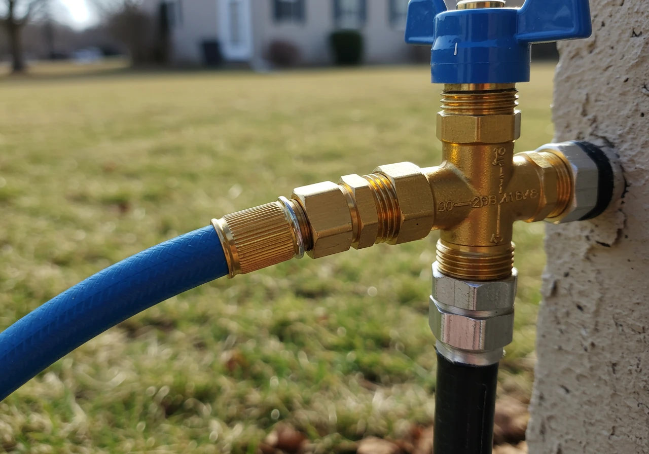 A clean, professional-looking close-up photograph focused on the connection point where a large-diameter, heavy-duty compressed air hose (e.g., bright yellow or blue) is securely attached to the brass fittings of an irrigation system's backflow preventer valve assembly or main connection point. The connection appears robust and professional. The background shows a slightly blurred house foundation and dormant landscaping, emphasizing the scale and specific nature of the equipment involved.