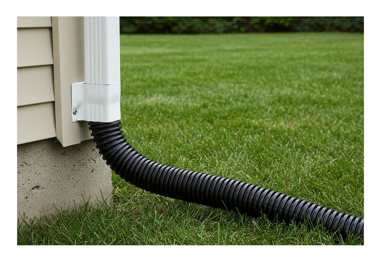 A close-up image focusing on a downspout at the corner of a house, showing a clearly attached extension (e.g., black corrugated pipe) carrying water several feet away from the foundation onto the lawn or into a garden bed.
