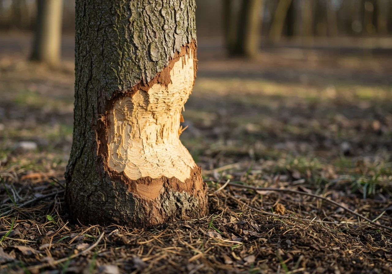A close-up shot focusing on the base of a young tree trunk showing evidence of rodent damage from the winter. The image should clearly depict gnawed bark near the soil line, illustrating the 'Critter Chewing' point from the checklist, likely caused by voles or rabbits seeking food under snow cover.