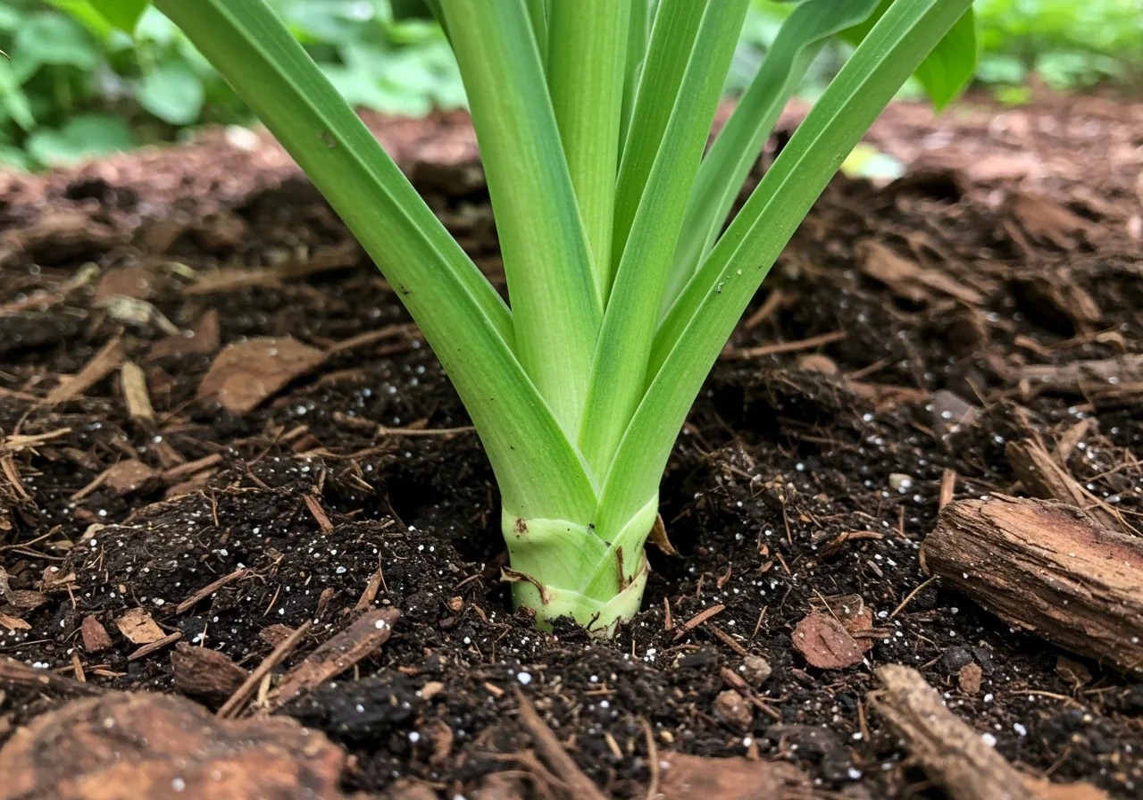 A close-up photograph demonstrating the correct mulching technique around the base of a garden plant. The image clearly shows a 2-3 inch layer of organic mulch (like shredded bark) spread over the soil, pulled back about an inch from the plant's stem to prevent moisture buildup and rot.