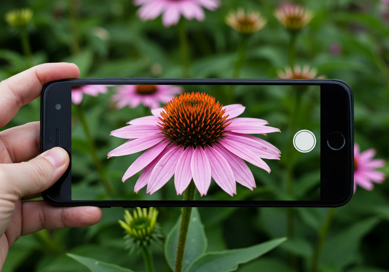 A close-up shot focusing on a smartphone screen displaying a clear, well-lit photograph of a specific flowering perennial plant within a garden bed. The phone is held subtly, implying someone is taking the photo for record-keeping. The background shows a slightly blurred garden setting.