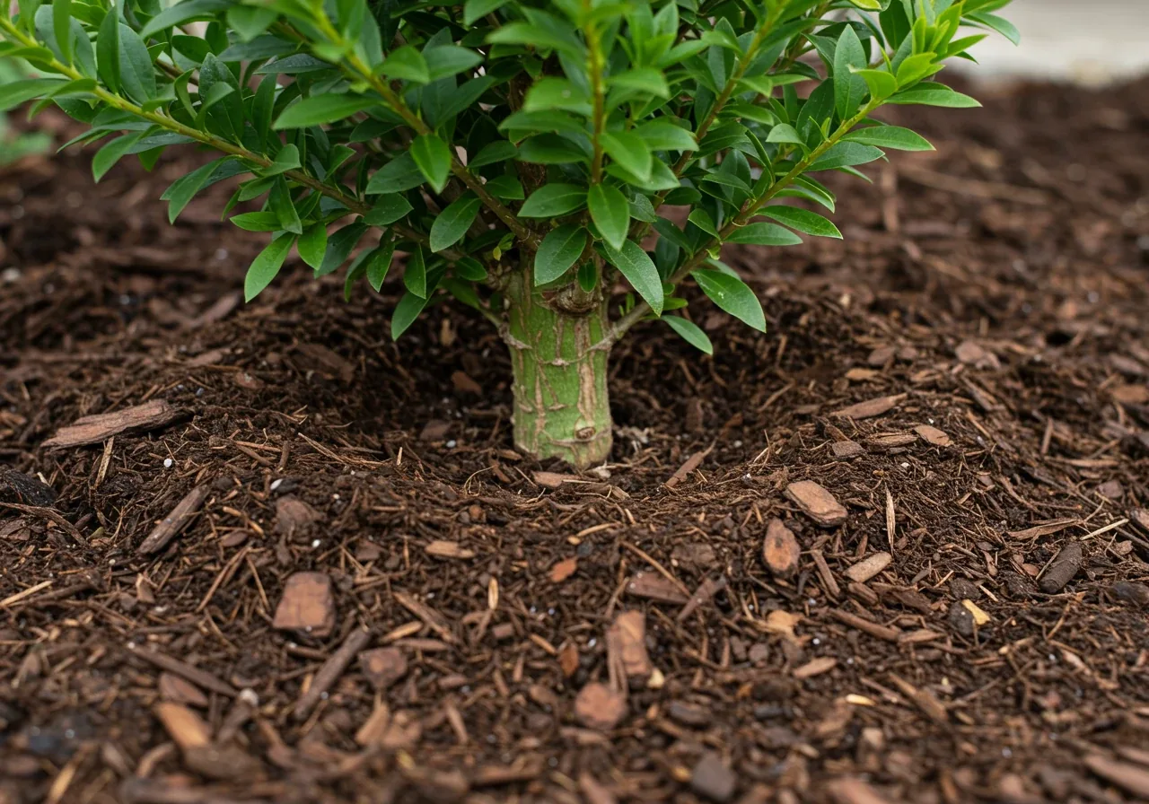 A close-up photograph illustrating the correct 'donut' mulching technique around the base of a shrub. It clearly shows a thick layer of shredded bark mulch pulled back slightly from the plant's main stem, leaving a small ring of bare soil visible around the stem.