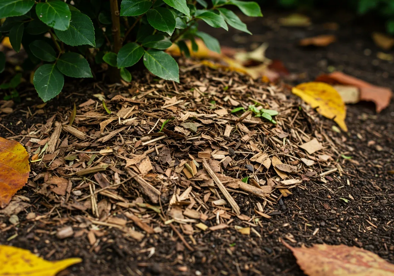 A close-up shot focusing on a layer of shredded autumn leaves being used as mulch around the base of a shrub or perennial in a garden bed. The leaves are chopped into smaller pieces, clearly showing their texture and how they cover the soil. Some intact colourful fall leaves might be visible nearby for context, but the focus is on the shredded mulch.