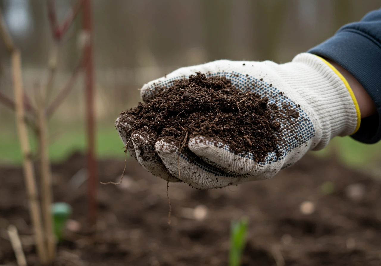 A clear, close-up photograph demonstrating the ideal 'crumbly' texture of workable spring soil after the squeeze test. Shows dark, slightly moist garden soil held loosely in a gloved hand, falling apart gently rather than forming a tight, wet ball or being dusty dry. Softly blurred background of a garden setting.