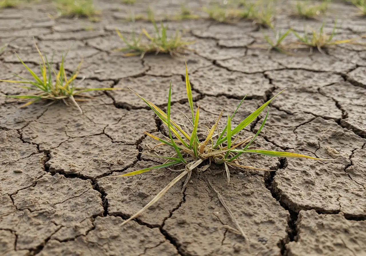A close-up, textured image focusing on dry, cracked clay soil with a few struggling, slightly yellowed blades of grass poking through. This visually represents the concept of soil compaction discussed as a cause of poor plant health.