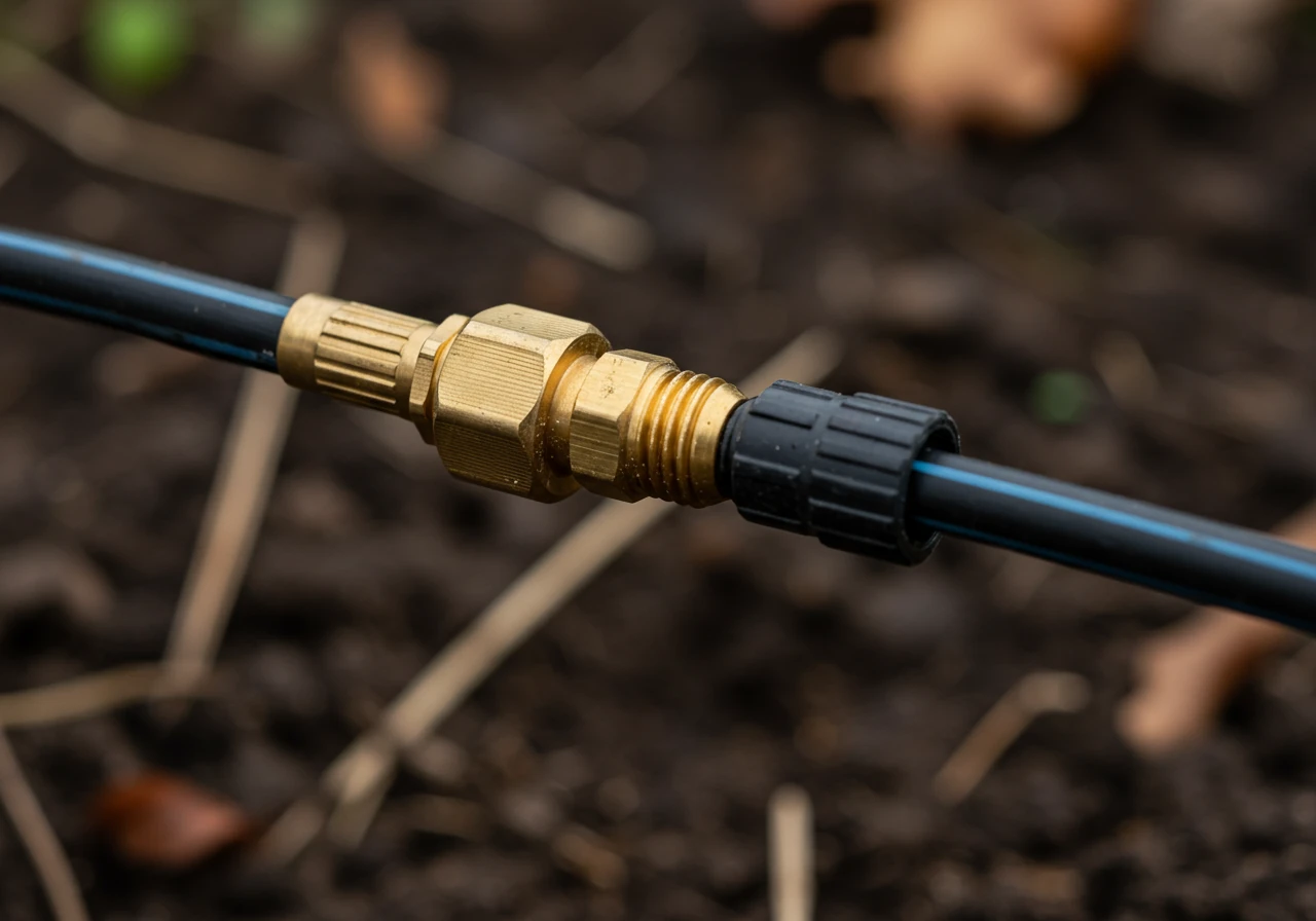 A clear, focused photograph showing the connection point where an air compressor hose (just the end of the hose and fitting) is attached to the start of a drip irrigation system's main line using a brass adapter fitting. The background should be a slightly blurred garden bed in autumn, emphasizing the connection as the key action.