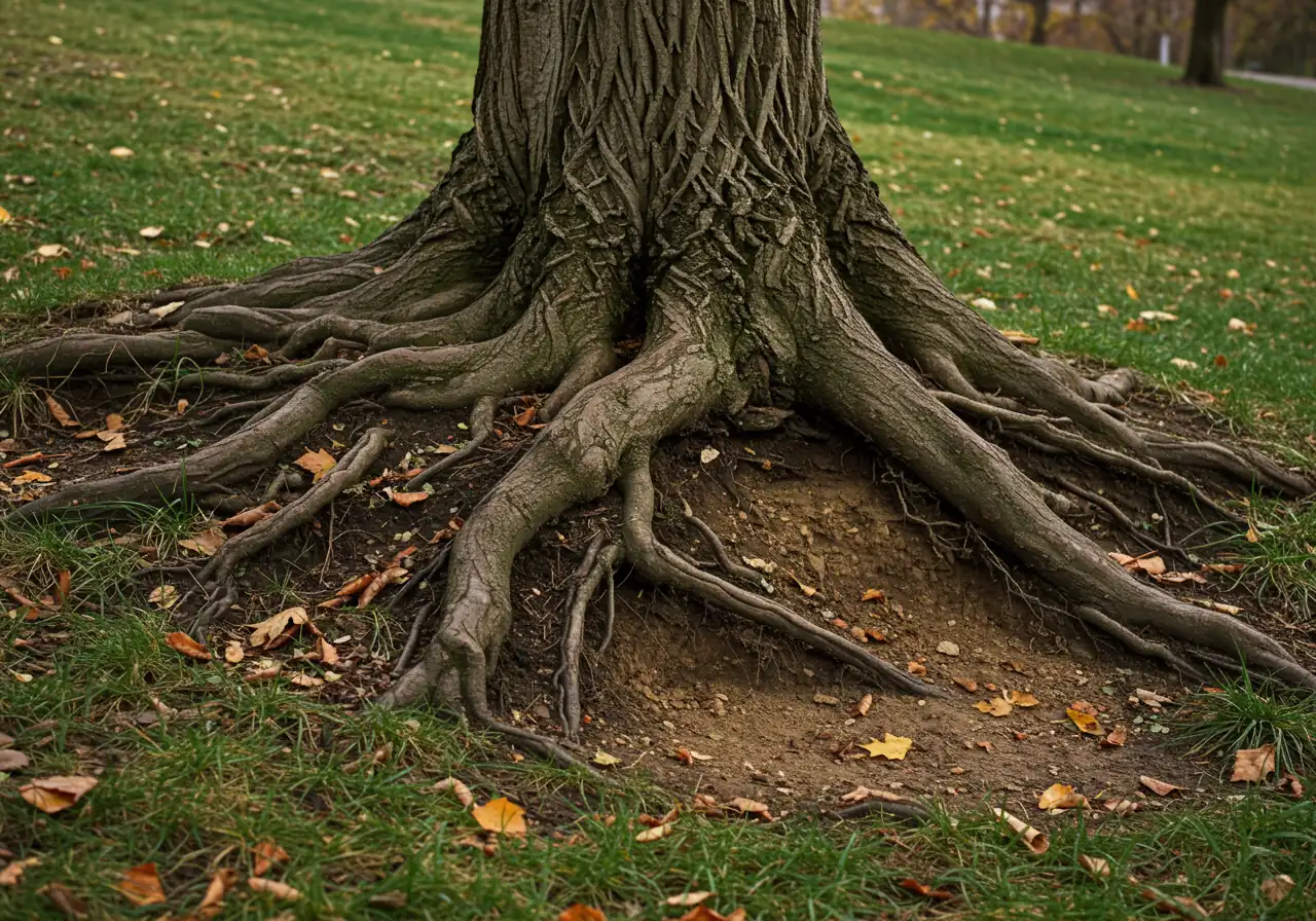 A close-up photograph focusing specifically on exposed tree roots at the base of a mature tree situated on a slight incline. The image should clearly show how the surrounding topsoil has washed away, leaving the upper network of roots visible and sitting higher than the remaining soil level. Captures a key visual indicator of ongoing erosion.