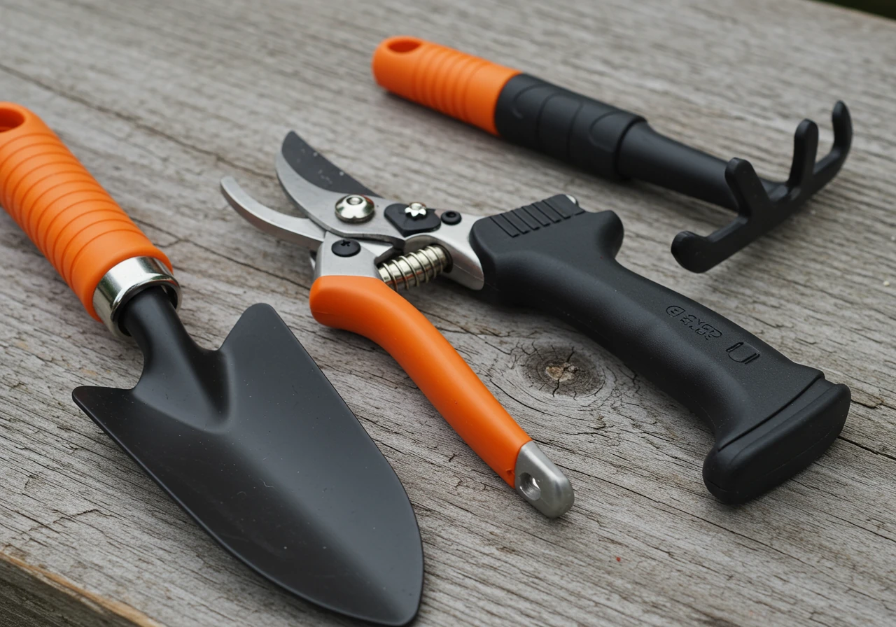 A close-up photograph focusing specifically on the handle design of several different ergonomic garden hand tools. Showcases a curved, padded trowel handle, a pistol-grip pruner handle, and possibly a T-handle cultivator, highlighting the varied grip designs aimed at reducing wrist strain. Tools should be clean and resting on a neutral background like weathered wood or smooth stone.
