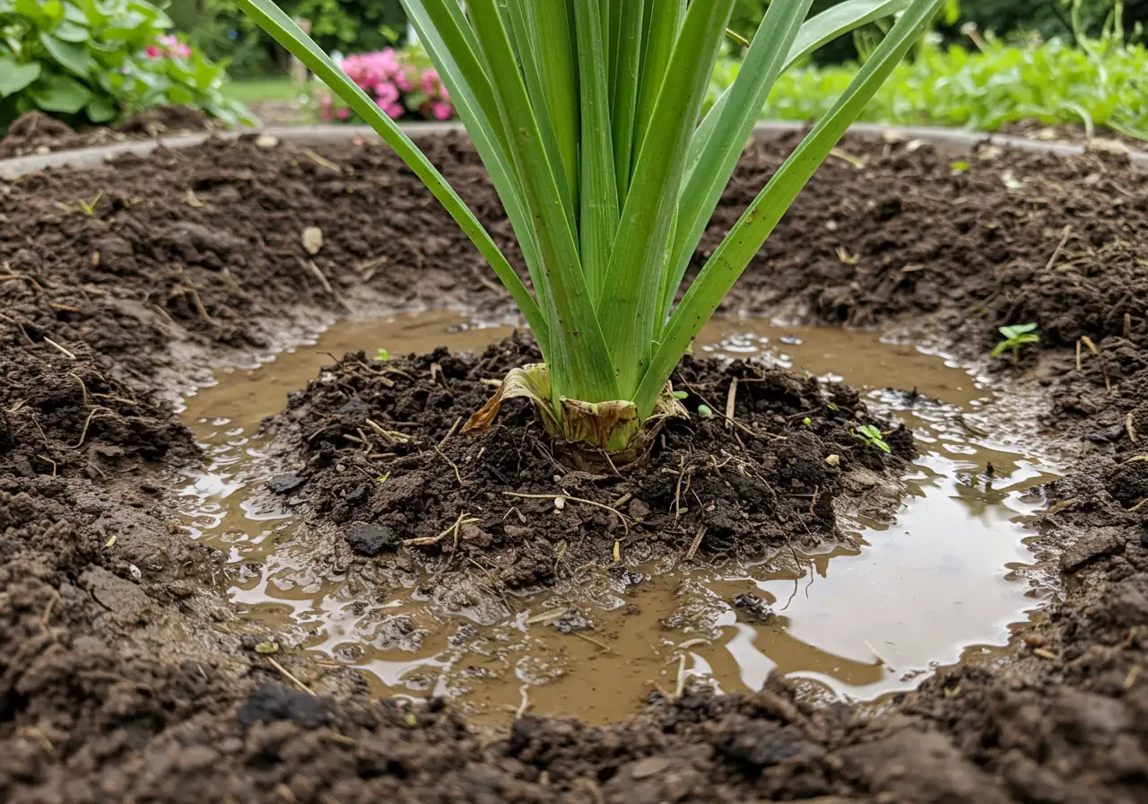A photograph illustrating the negative effects of overwatering clay soil. Show the base of a perennial plant (like a hosta or coneflower) looking slightly stressed or wilted, sitting in visibly dark, muddy, waterlogged clay soil, perhaps with small puddles or sheen of water on the surface.