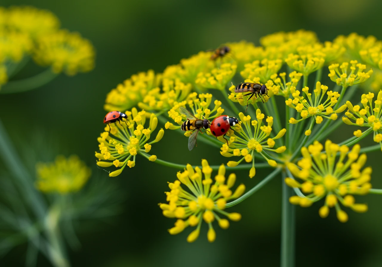 A vibrant photograph showcasing a cluster of plants known to attract beneficial insects, such as dill or fennel in bloom with tiny flowers, or a clump of coneflowers/black-eyed susans. Ideally, a few tiny beneficial insects like hoverflies or ladybugs could be visible on the flowers, demonstrating the concept of an 'insectary' planting in action.