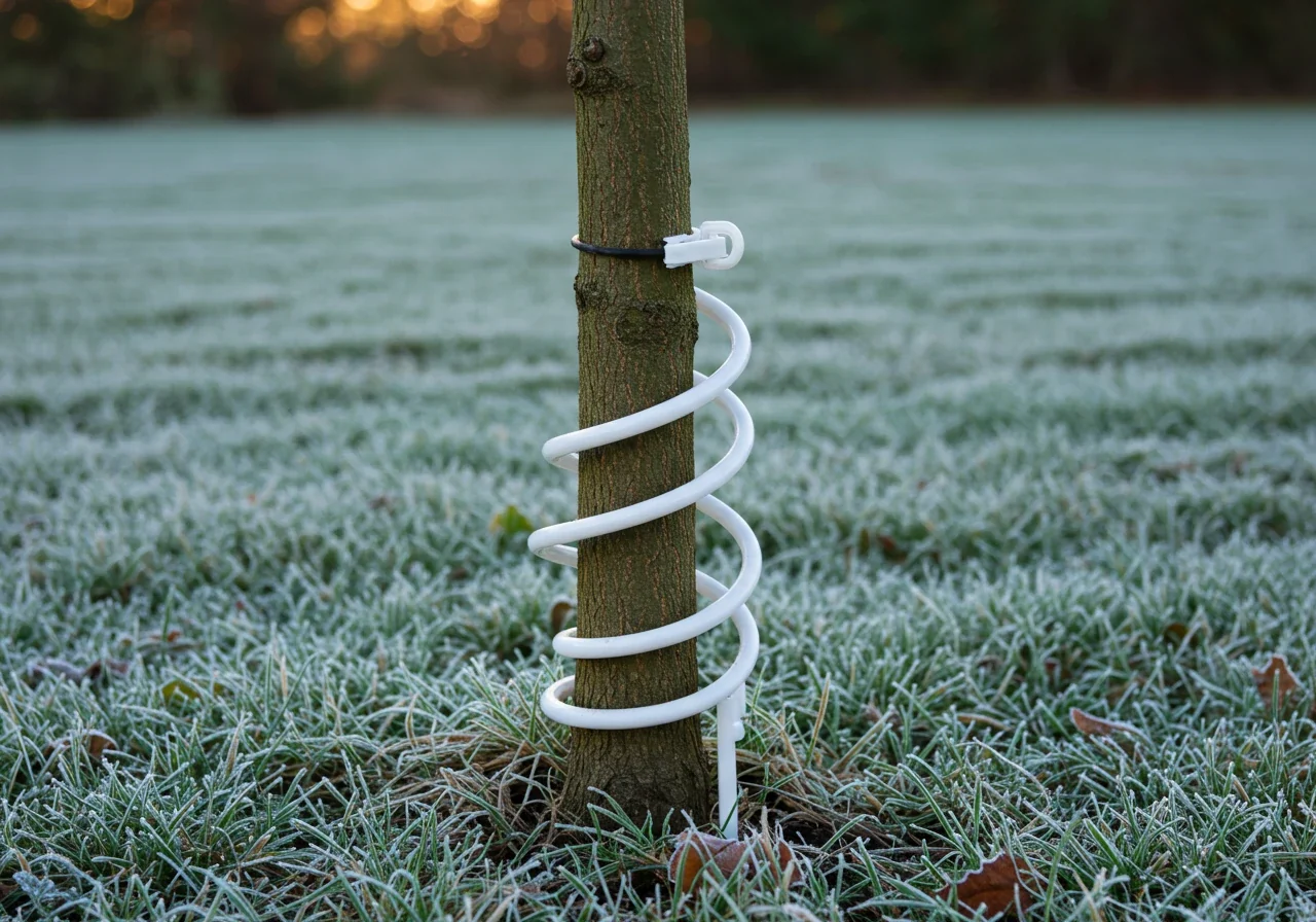 A close-up shot focusing on the base of a young deciduous tree (like a maple sapling with smooth, thin bark) in late fall. A white or light-colored plastic spiral tree guard is correctly installed around the lower trunk, extending from the soil line upwards about 1-2 feet. Fallen brown leaves are scattered on the ground around the base.