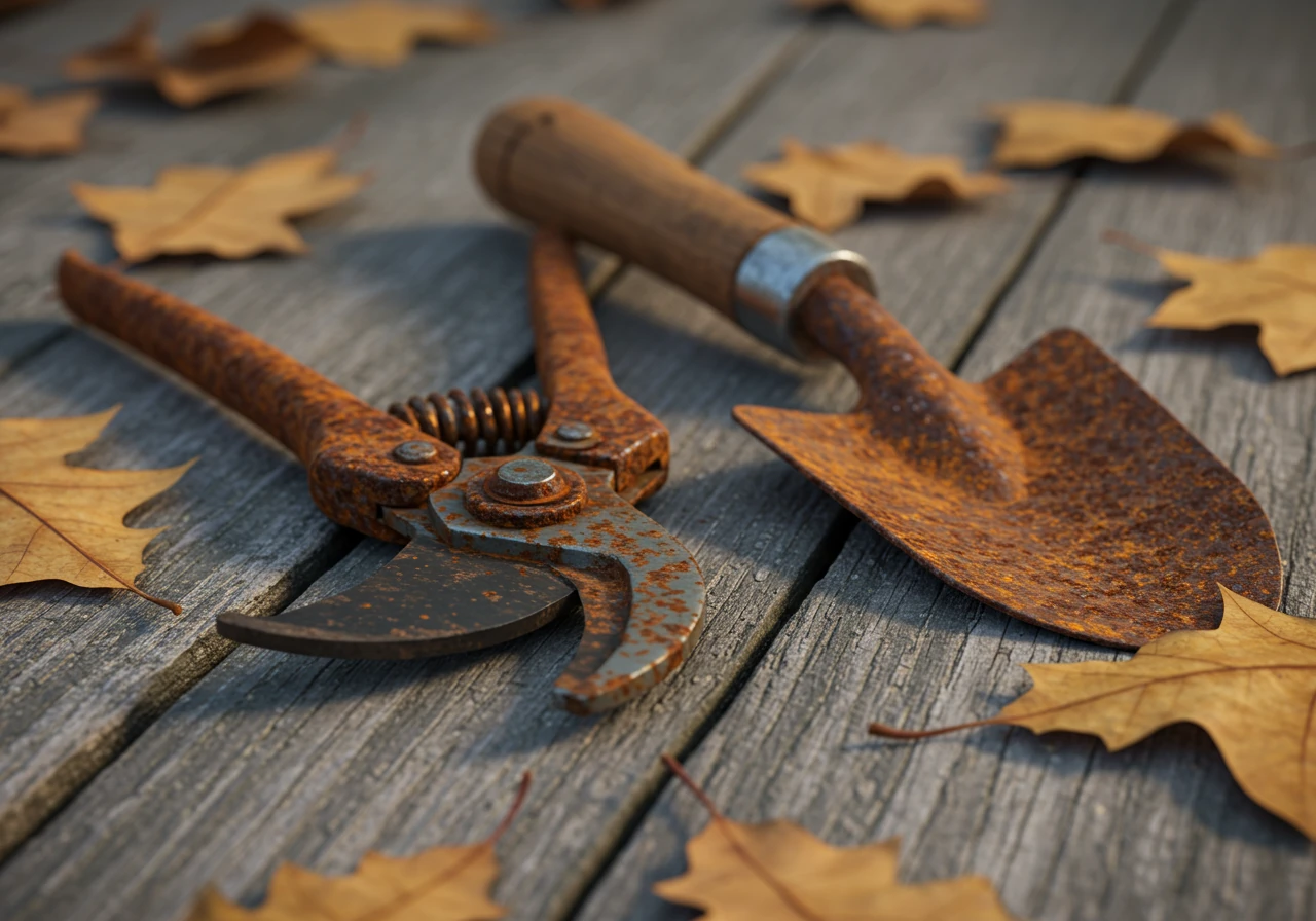 A close-up, atmospheric shot focusing on a pair of forgotten, rusty garden secateurs (pruners) and a trowel lying partially covered by dry, brown autumn leaves on weathered wooden planks, evoking neglect and the onset of winter. This visual emphasizes the negative consequences discussed in the section.