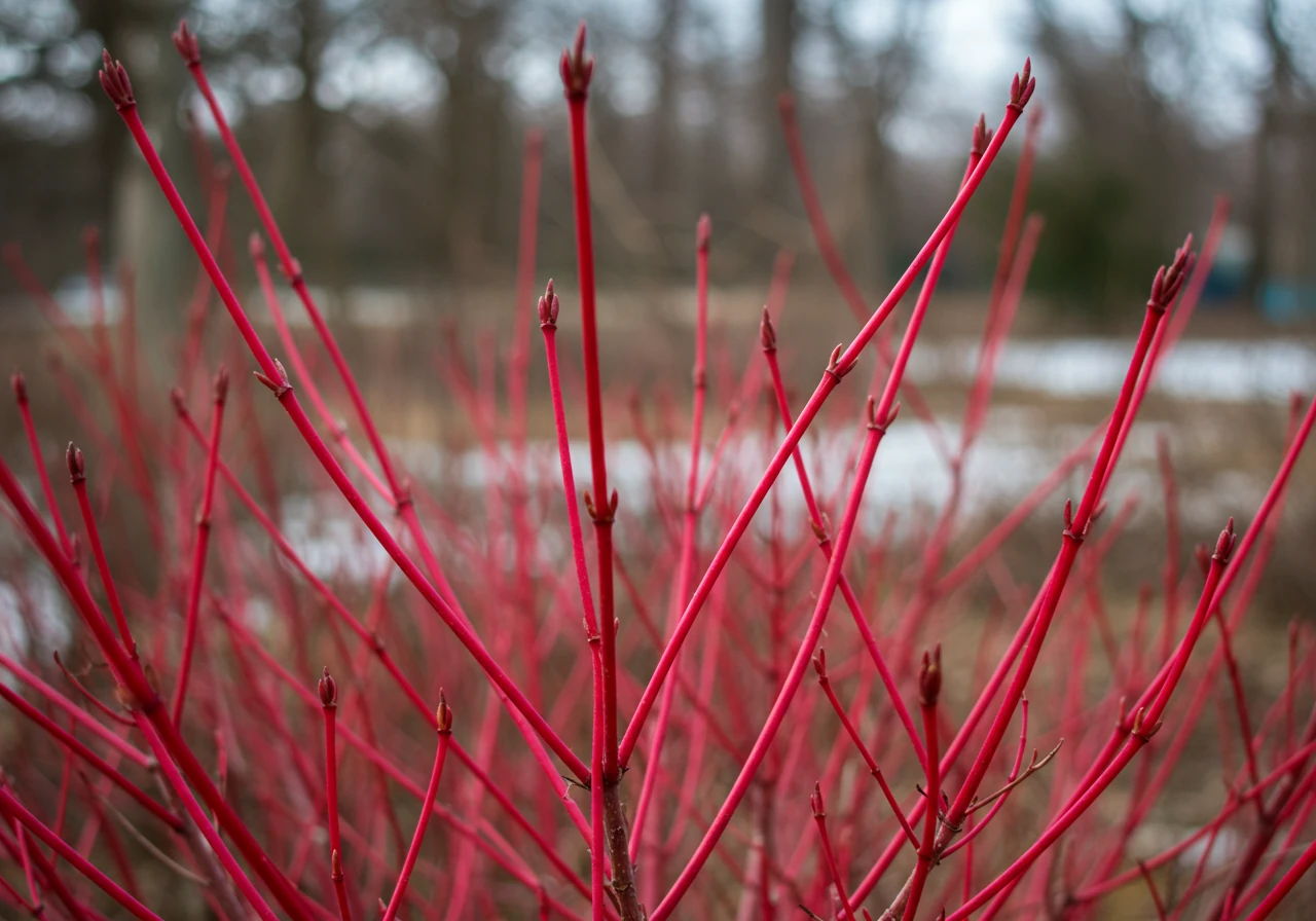 A visually distinct image showing a cluster of vibrant red stems of a Red Osier Dogwood shrub in early spring before leaf-out, contrasting against a muted background. This illustrates the unique characteristic mentioned for this specific shrub type.