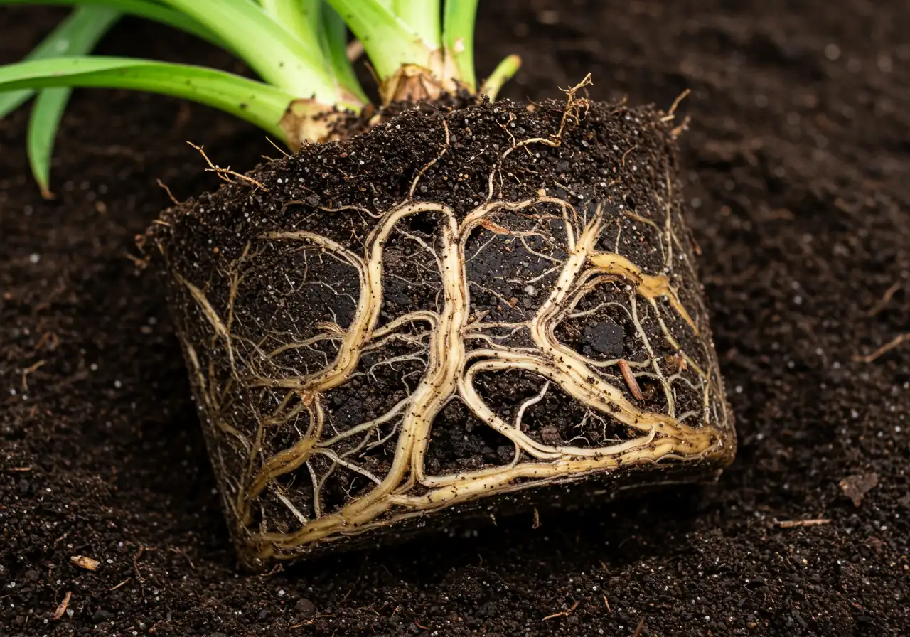 A close-up, illustrative shot showcasing the dense, interwoven roots of a freshly dug Daylily clump resting on dark soil. The image highlights the vigorous root system typical of plants needing division, emphasizing the challenge and necessity of the task. Focus is sharp on the root texture.