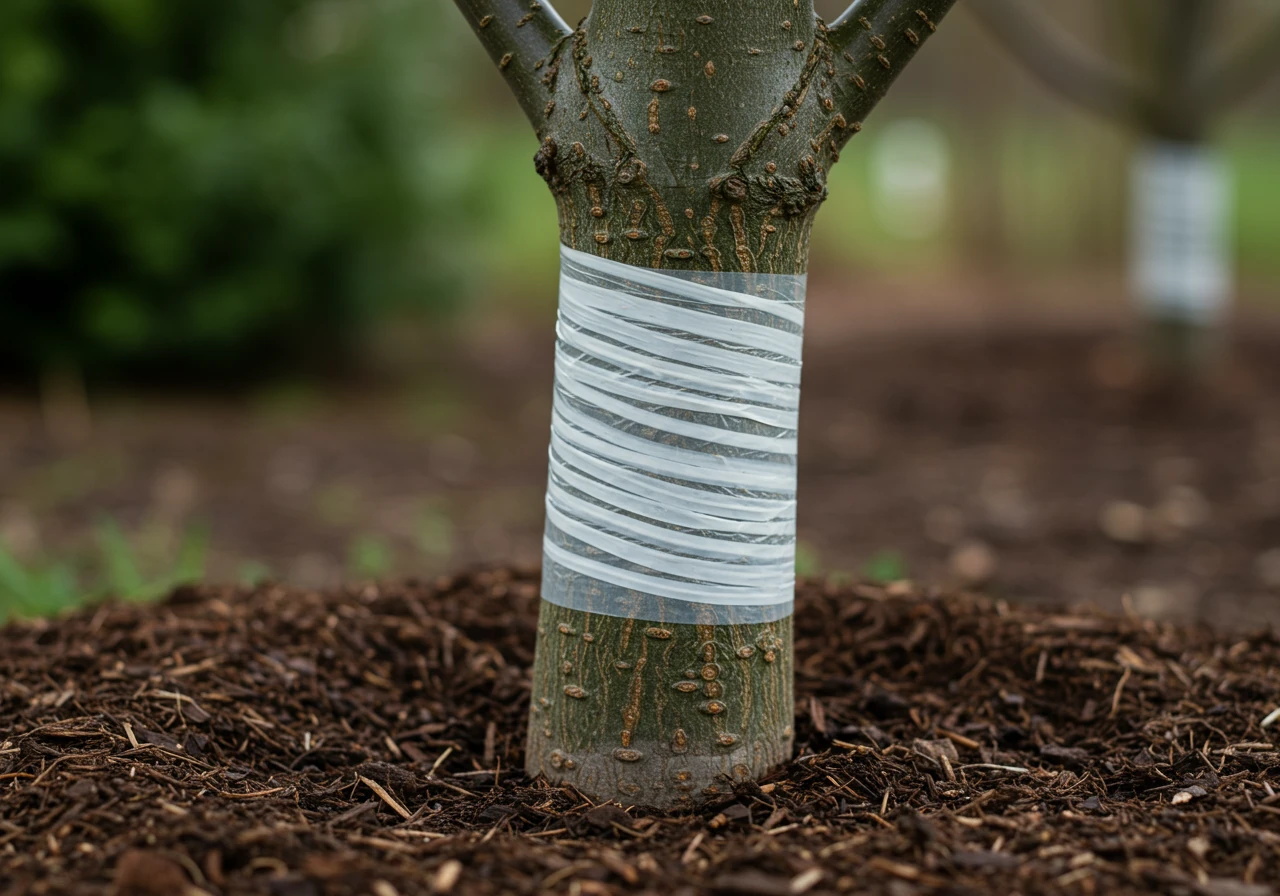 A close-up image focusing on the base of a young deciduous tree trunk correctly protected with commercial tree wrap against sunscald and animal damage, as described in the text.
