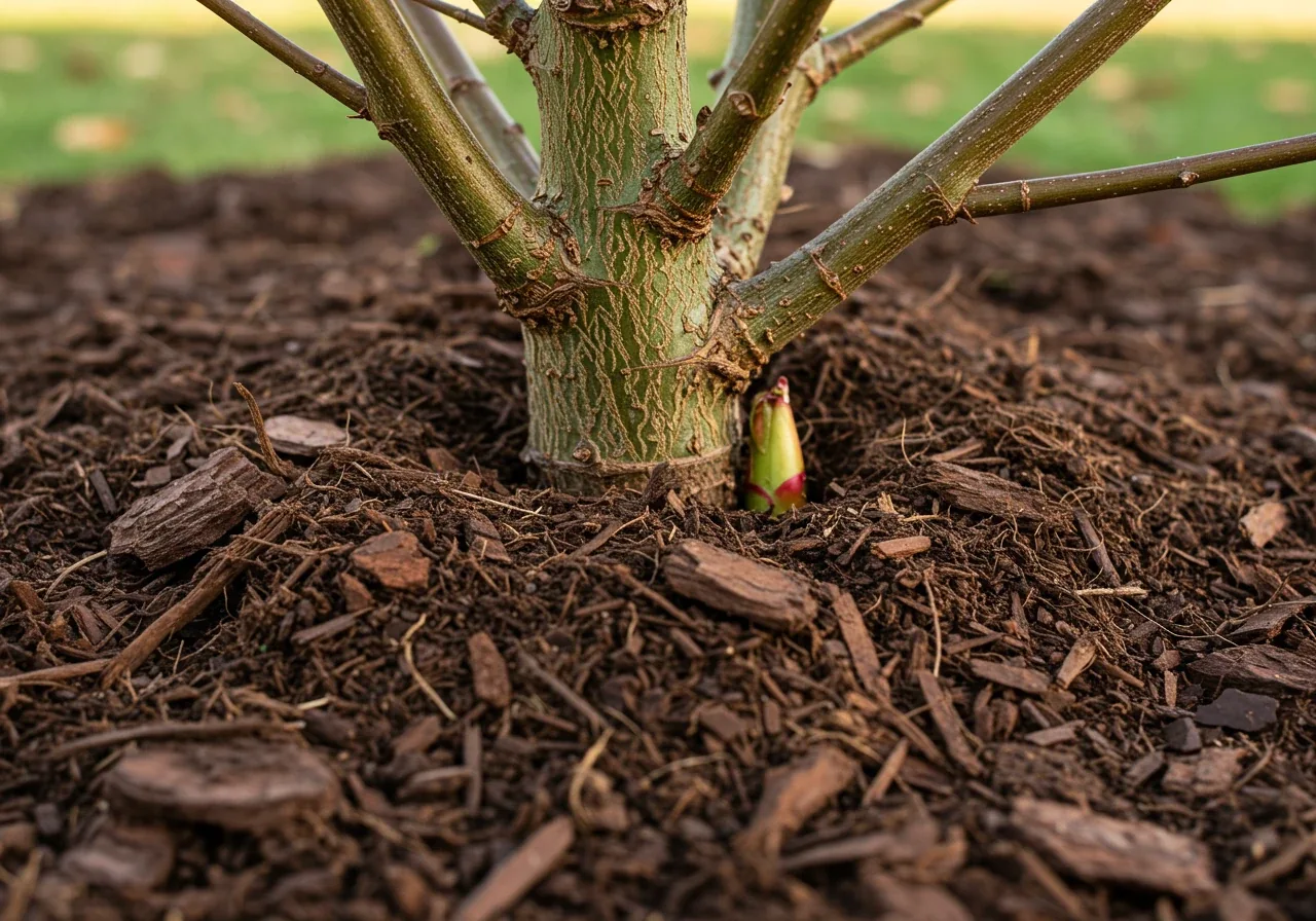 A close-up view focusing on the base of a shrub after fall mulching. A generous layer (3-4 inches) of dark brown shredded bark mulch covers the soil around the plant, with a clear gap maintained between the mulch and the plant's main stem to prevent rot, illustrating proper mulching technique for winter protection.