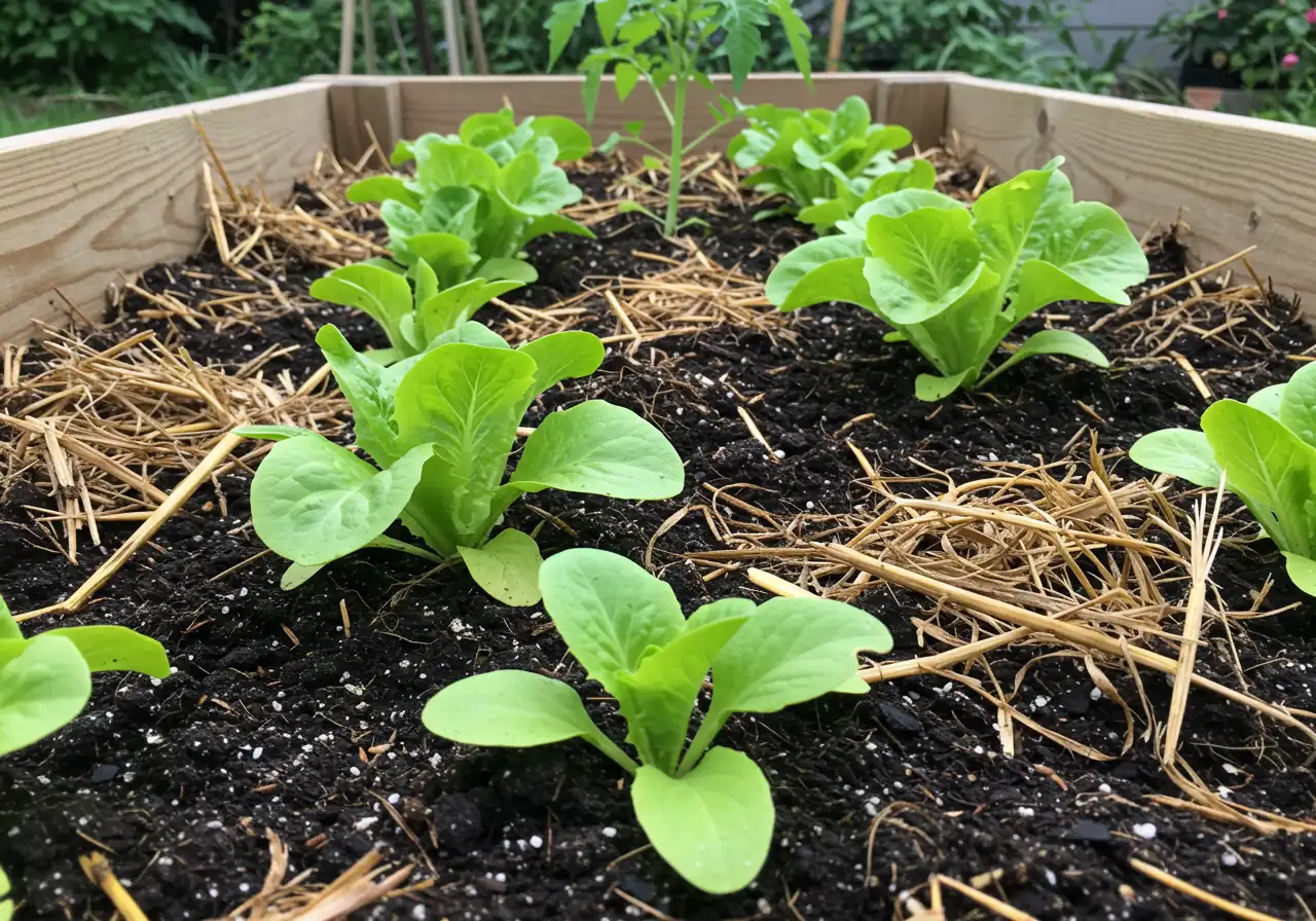 A close-up, vibrant image inside a thriving raised garden bed. Focuses on healthy, young vegetable plants (like leafy lettuce, small tomato starts, or radishes) growing vigorously in dark, moist soil. The soil surface around the base of the plants is covered with a thick, even layer of light brown straw or shredded leaf mulch.