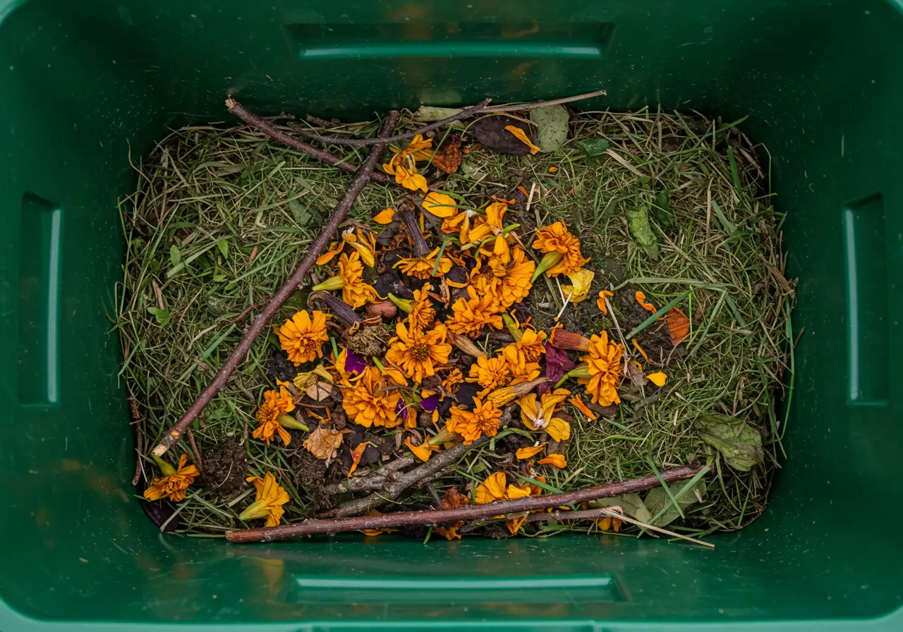 A close-up shot focusing on spent flower heads being added to an active compost pile or placed inside an Ottawa Green Bin. This visually reinforces the eco-friendly disposal methods recommended in the article.