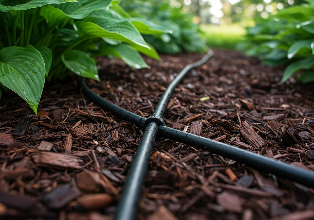 Close-up image demonstrating efficient watering technique. A black soaker hose is shown laid neatly on top of dark brown mulch at the base of several healthy green perennial plants (like hostas or daylilies), with water visibly and slowly seeping into the mulch and soil around the plant roots.