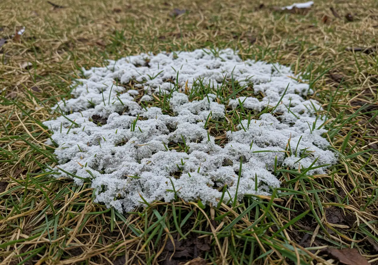 A clear photograph showing a distinct circular patch of greyish-pink, matted grass characteristic of snow mould on a dormant lawn in early spring. The surrounding lawn should still look mostly brown/yellow from winter, highlighting the affected area.