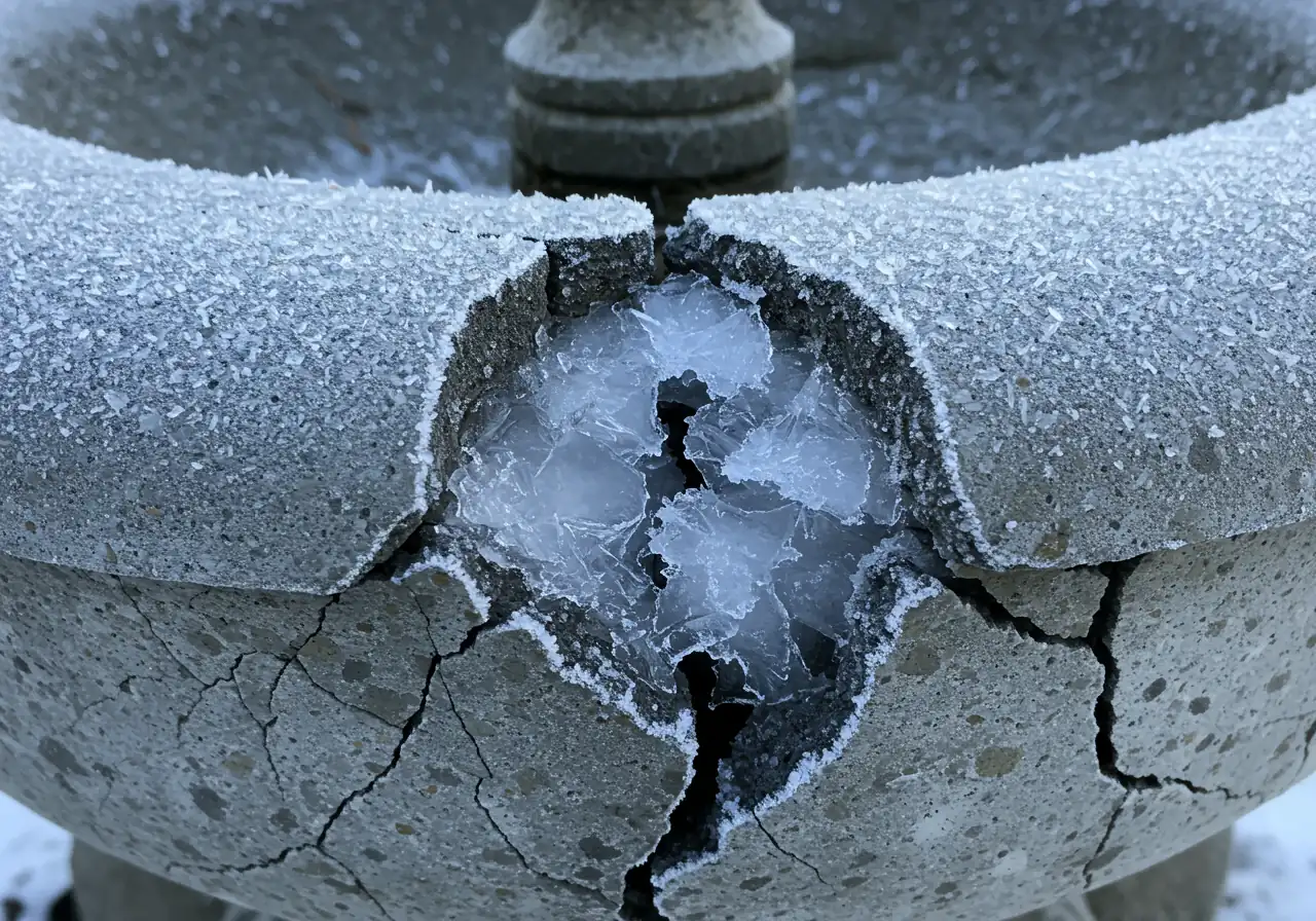 A close-up photograph illustrating the potential damage caused by freezing water. It should show a section of a stone or concrete fountain basin with visible cracks filled with ice, clearly demonstrating the expansion force of frozen water.