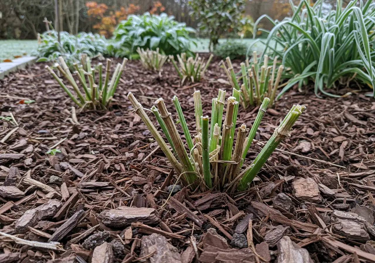 A visually clear example of properly cut-back perennials ready for winter, demonstrating the tidiness mentioned in Step 1 and mulch application discussed in Step 4. This image helps readers visualize the result of the described actions.