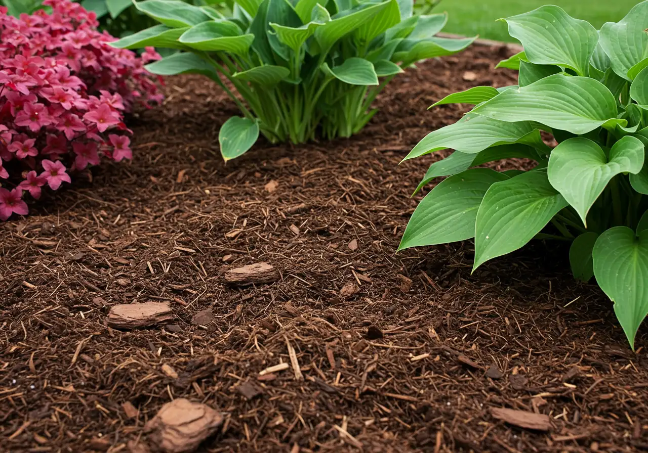 A close-up view focusing on the base of several healthy perennial plants (like Hostas or Coral Bells) in a garden bed. The soil around the plants is covered with a neat, even layer (2-3 inches deep) of dark brown shredded bark mulch. The mulch is pulled back slightly from the direct base/crown of the plants, showing proper application technique. The overall appearance is tidy and well-maintained.