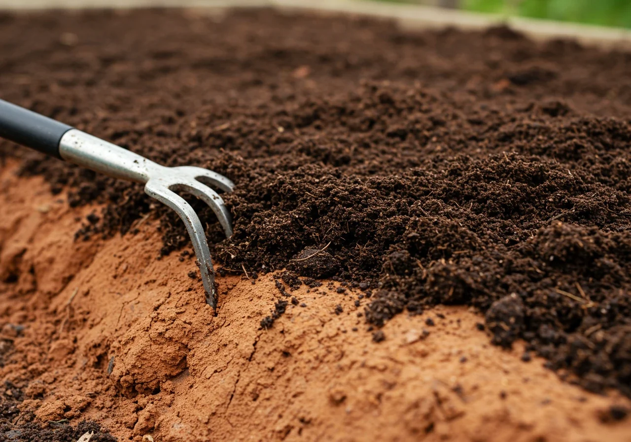 An overhead view of a garden bed section where dark, rich compost is being incorporated into lighter-colored clay soil using only a garden fork or spade visible (no hands/people). This illustrates the process of adding organic matter, showing the contrast between the amendment and the base soil.