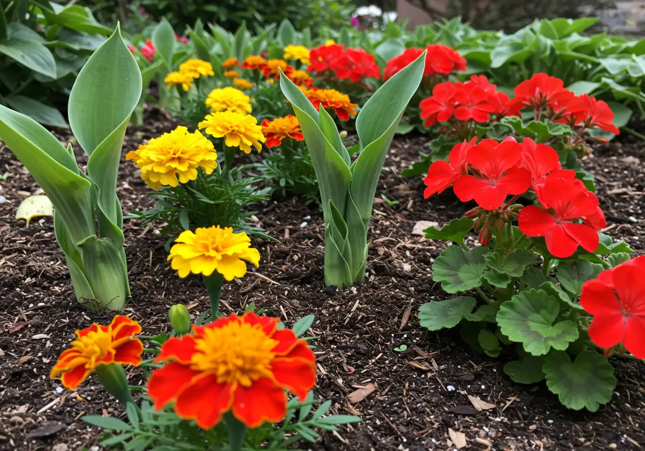 A vibrant photograph showcasing 'Flower Power'. It features a close-up view of a newly planted garden bed brimming with colourful annuals like red geraniums and yellow marigolds, alongside emerging green shoots of perennials like hostas. The soil is dark and rich, possibly with some mulch visible. The focus is on the fresh colours and textures of spring planting.