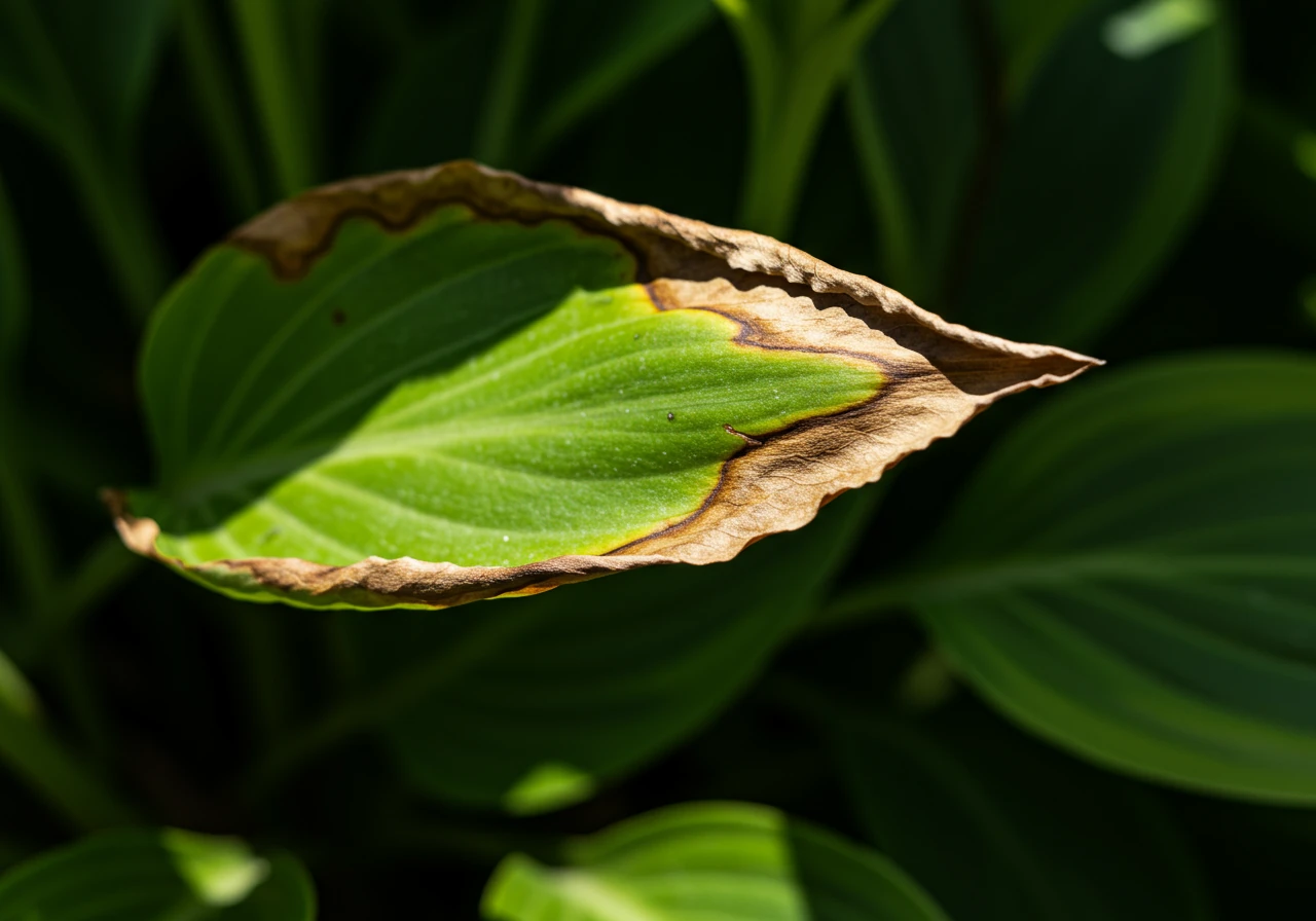 A close-up image vividly showing the visual signs of summer stress on a plant, such as wilting leaves and brown, crispy edges (leaf scorch), under the bright summer sun. Focus should be on the texture and condition of the leaves.