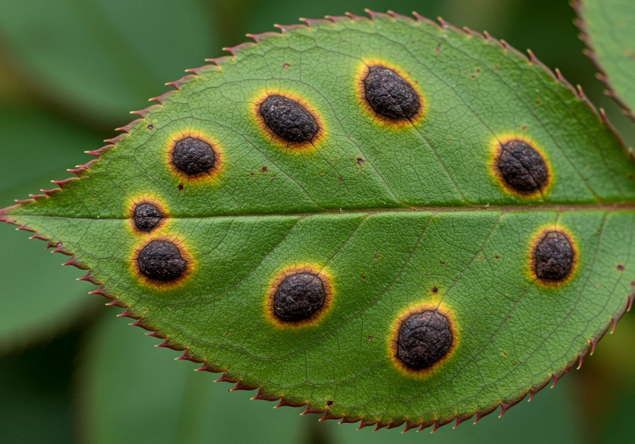 A detailed macro photograph focusing on a single green rose leaf severely affected by black spot disease. The image clearly shows several distinct, dark black spots with characteristic feathery or fringed edges, surrounded by yellowing chlorotic halos on the leaf surface. The focus is sharp on the disease symptoms, with a softly blurred green background.