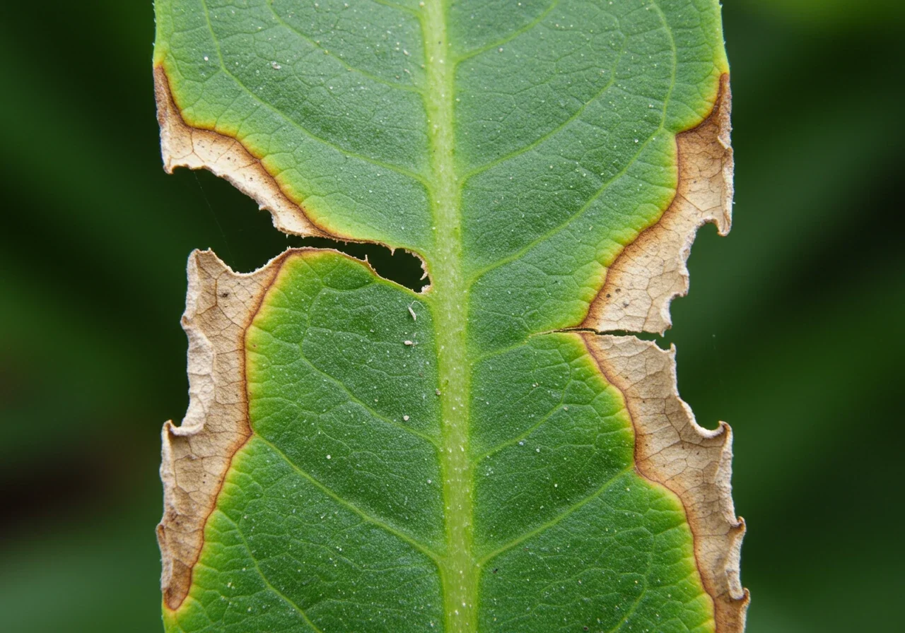 A close-up image showing the leaf of a plant (perhaps a tomato or annual flower) exhibiting signs of fertilizer burn. The edges of the leaf appear brown, dry, and crispy, contrasting with the greener, healthier part of the leaf, visually representing the damage from over-fertilizing in heat.