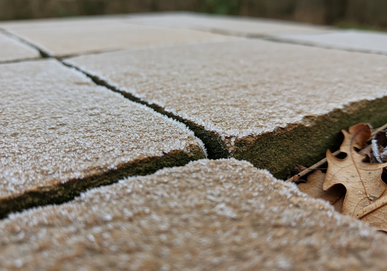 A close-up photograph focusing on a common type of minor winter damage to an outdoor kitchen element. This image should visually represent the types of issues homeowners should look for during their inspection, like frost damage or shifting.