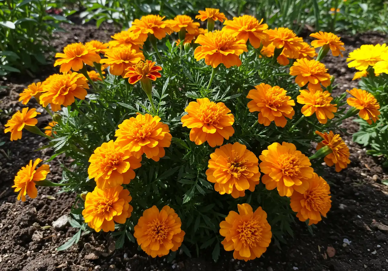 A vibrant, healthy Marigold plant in a sunny garden bed, showcasing numerous bright orange and yellow blooms. The plant looks exceptionally tidy, with no visible faded or brown flower heads, clearly demonstrating the aesthetic benefit of removing spent blossoms.