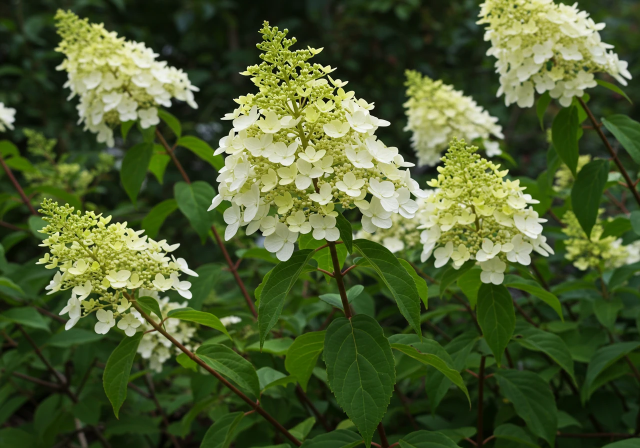 A close-up photograph highlighting a vibrant Panicle Hydrangea ('Limelight' or similar) in mid-summer bloom. The image should clearly show large, conical flower heads forming on the current season's growth (new wood), representing a shrub suitable for summer pruning/deadheading.