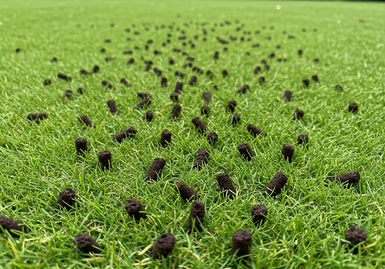 A close-up view of a green lawn surface immediately after core aeration, illustrating this essential maintenance step for clay soils. Numerous small, cylindrical soil plugs are scattered visibly across the grass, and the aeration holes left in the turf are distinct.