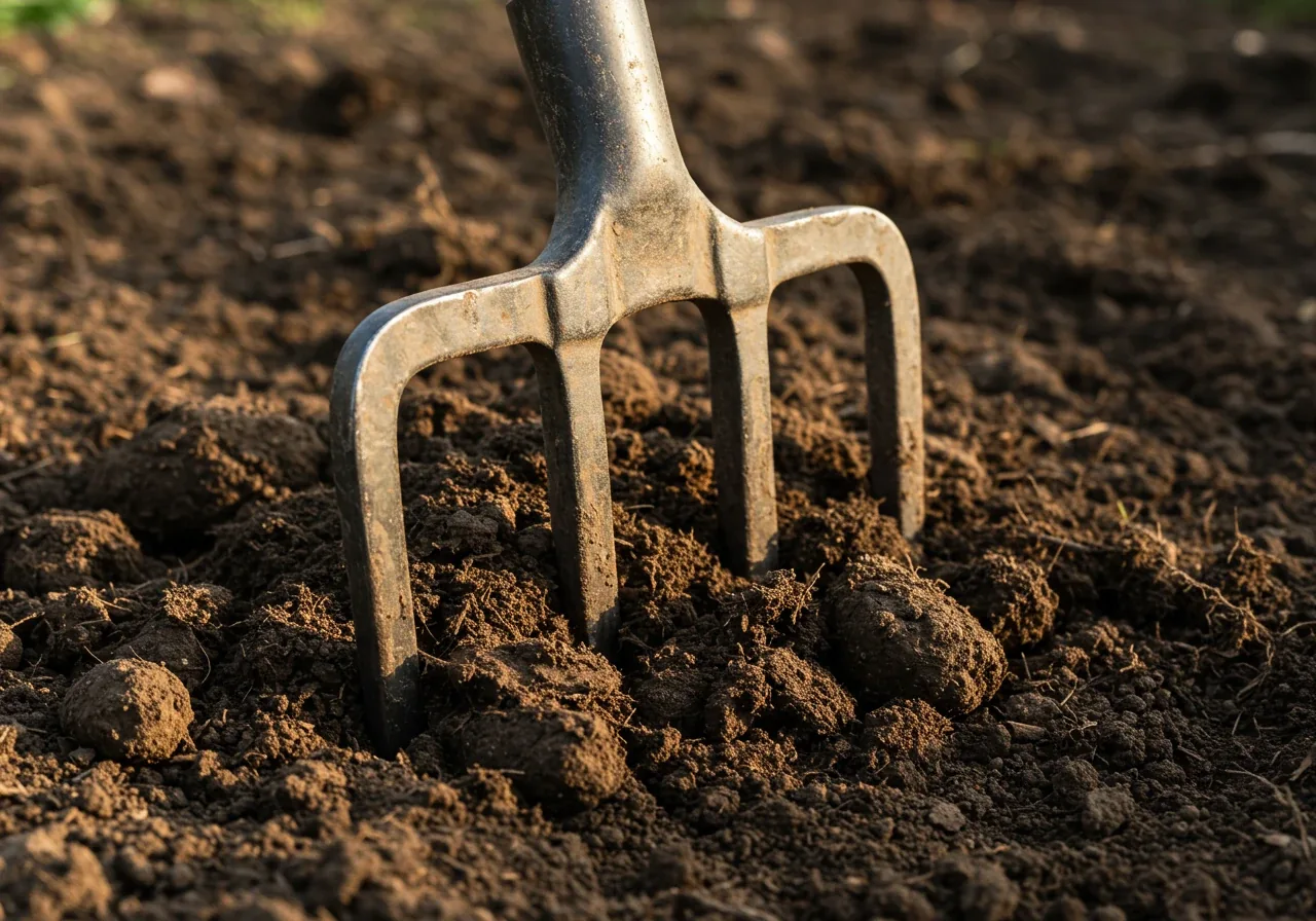 A focused shot of a sturdy digging fork (border fork style with flat, strong tines) plunged into a clump of heavy, dark clay soil that has just been turned over. Small clods of earth are visible around the tines, illustrating its use in breaking up compacted soil.