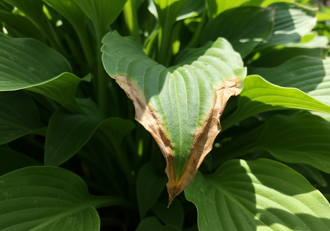 A clear photograph illustrating plant heat stress, showing a typically healthy garden plant with drooping leaves under bright sunlight, perhaps with slight browning or crisping at the leaf edges, to visually represent the 'summer wilt' described.