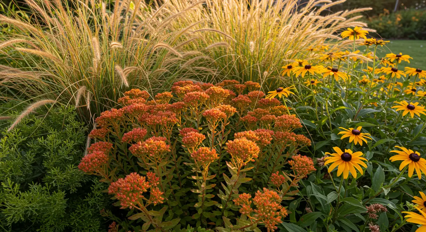 A vibrant, colourful autumn garden bed scene representative of a Nepean neighbourhood. The image should showcase a mix of fall-blooming perennials and foliage turning colour, like golden ornamental grasses, deep red sedum, and perhaps some lingering yellow Rudbeckia, bathed in soft, warm sunlight. Focus tightly on the plants with a slightly blurred background suggesting a residential setting without showing specific houses or people.