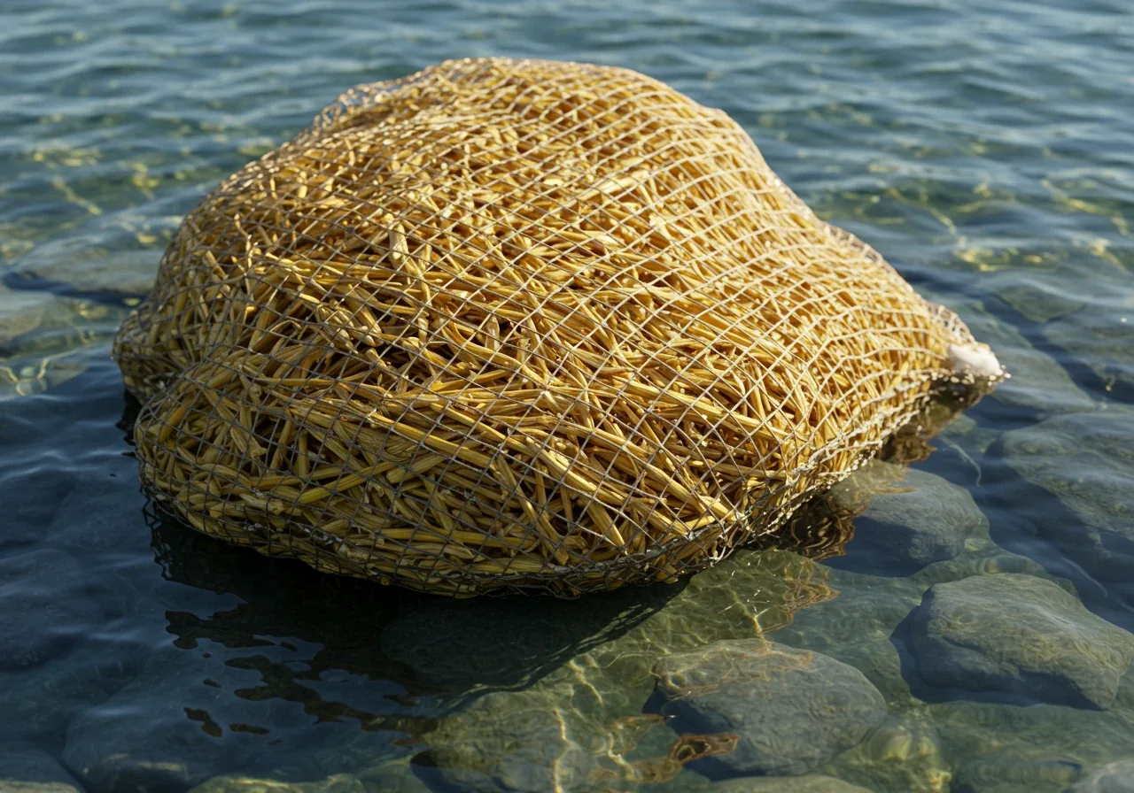 A focused photograph showing a small mesh bag filled with golden barley straw partially submerged in clear pond water, placed near a gentle current or small waterfall feature. The surrounding water is clear, and perhaps a few smooth pond stones are visible nearby.