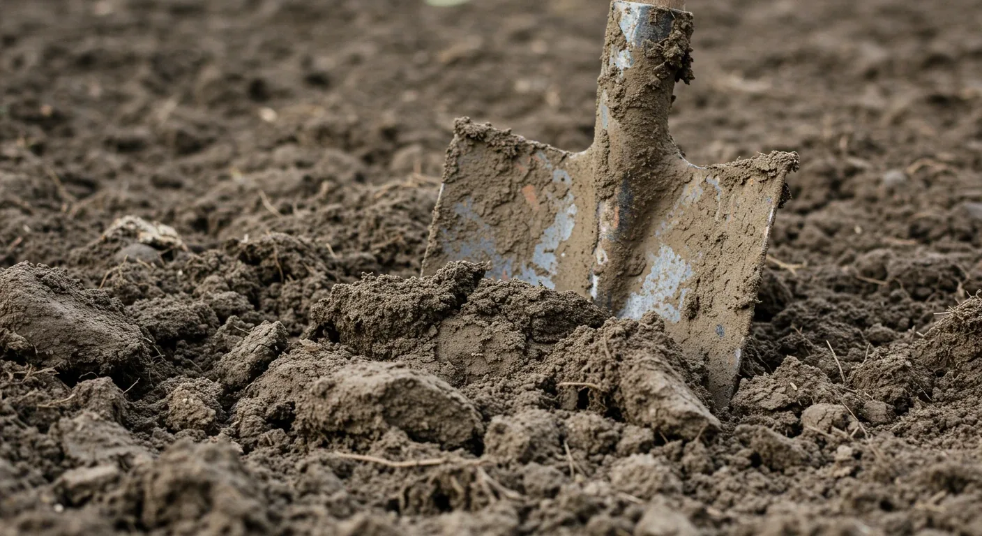 A close-up photograph illustrating the difficulty of working with heavy clay soil. It shows a sturdy garden shovel partially embedded in dense, slightly damp, brownish-grey clay soil, perhaps with clumps of clay sticking to the metal blade, conveying the effort required to dig.