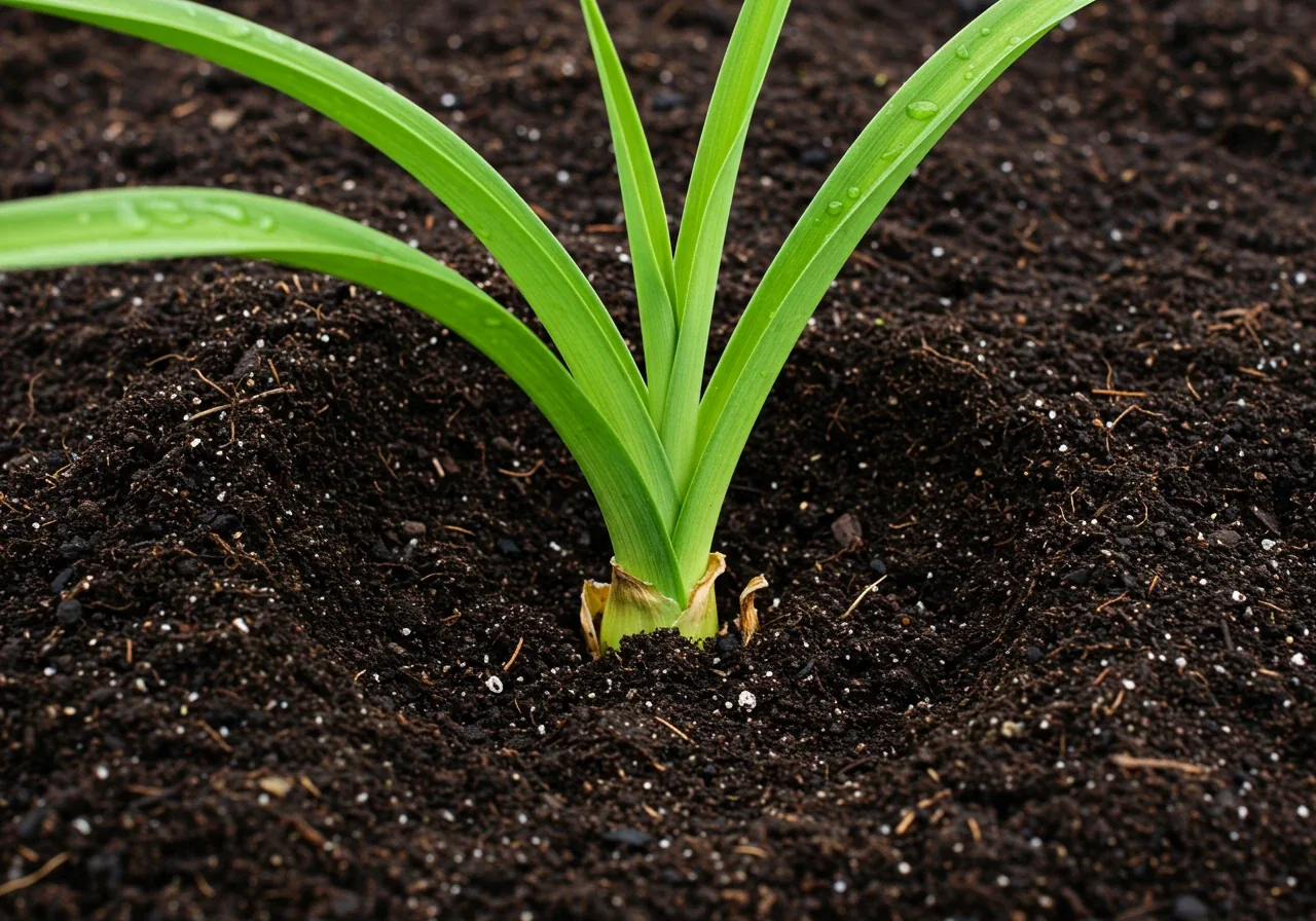 A close-up view of a newly replanted perennial division (e.g., Daylily) sitting at the correct depth in prepared garden soil, with the crown perfectly level with the surrounding soil surface. The soil around it is dark and moist from recent watering. Illustrates correct planting depth.