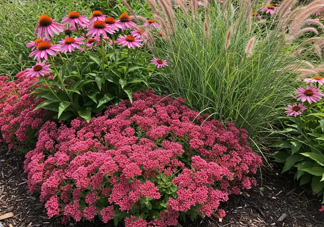 A vibrant close-up image showcasing a mix of recommended drought-tolerant perennials and ornamental grasses thriving together. This visually reinforces the beauty and viability of water-wise plant choices mentioned, like Coneflowers, Sedum, and Feather Reed Grass.