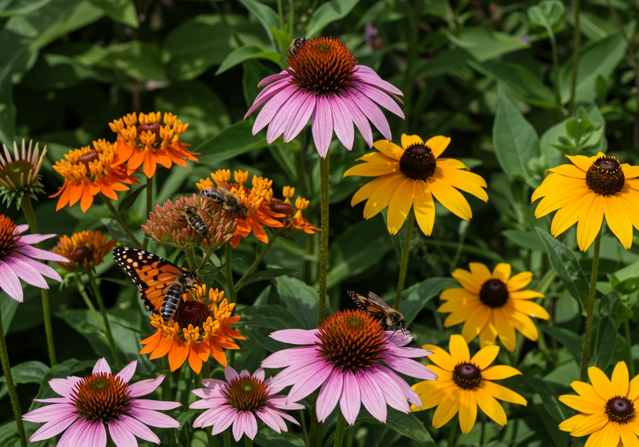 A vibrant, sunlit garden bed featuring a mix of native Ontario wildflowers mentioned in the article, such as purple Coneflowers (Echinacea purpurea), orange Butterfly Milkweed (Asclepias tuberosa), and yellow Black-eyed Susans (Rudbeckia hirta). Several bees and possibly a Monarch butterfly should be visible, actively visiting the flowers, highlighting the pollinator benefit.