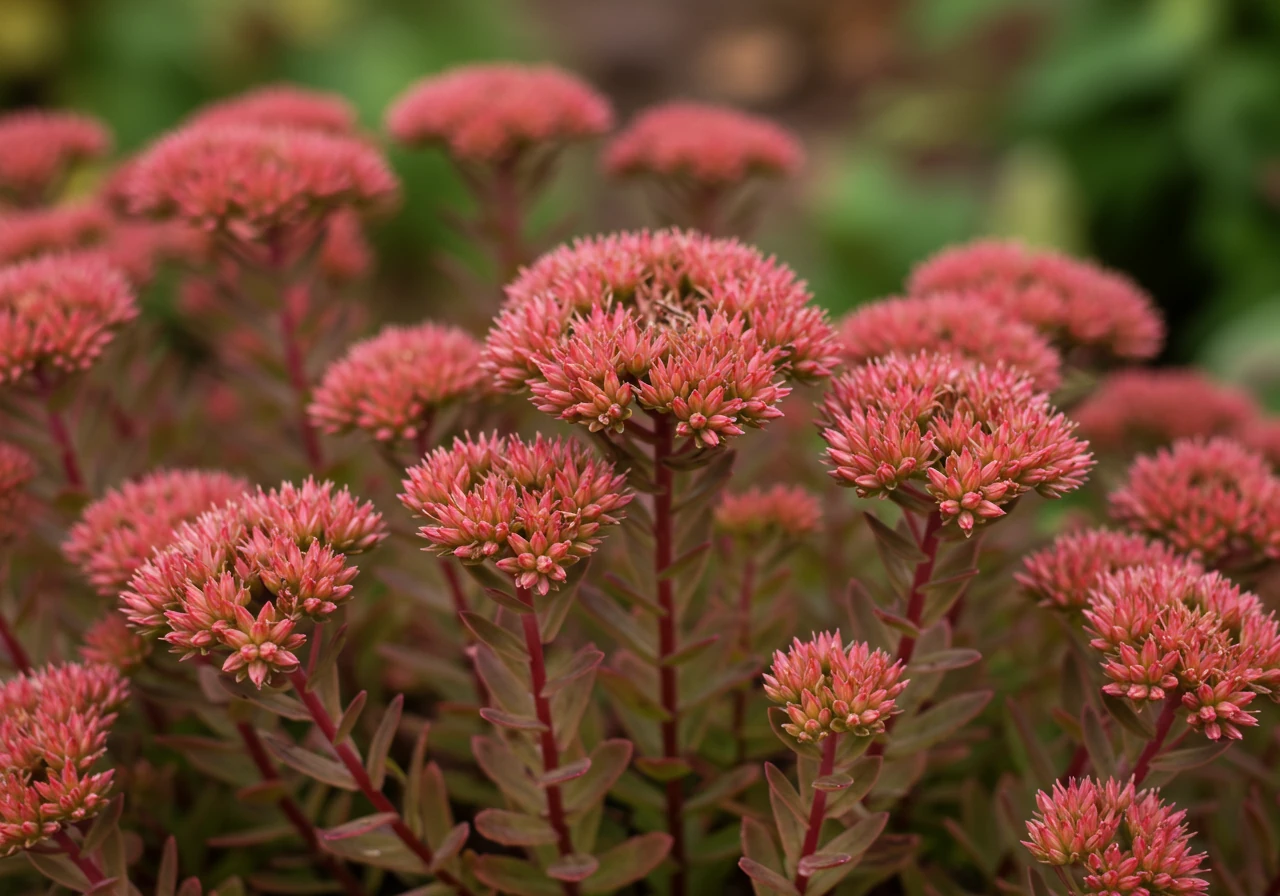 A detailed close-up photograph showcasing a cluster of healthy, blooming 'Autumn Joy' Sedum in late summer. The image highlights the thick, water-storing leaves and the dense heads of star-shaped flowers transitioning from pink to a richer rusty hue. A few blurry stems of Feather Reed Grass could be visible in the background to add depth. The focus is sharp on the Sedum, demonstrating its beauty and resilience.