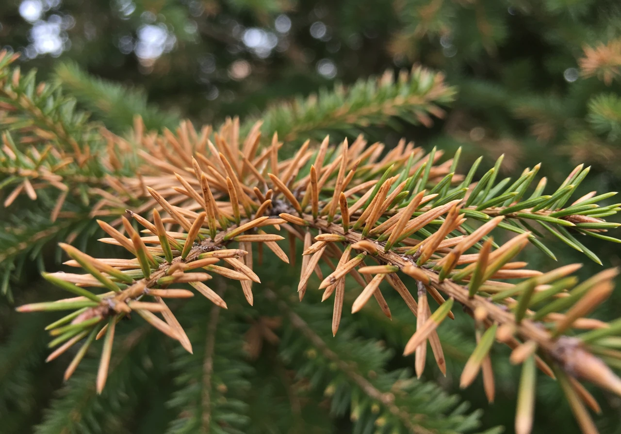 A close-up image showing typical winter damage to a shrub. This could be a branch bent or snapped by heavy snow/ice, or the brown, dried-out needles characteristic of winter burn on an evergreen. This visual reinforces the 'endurance challenge' plants face and why spring care is needed.