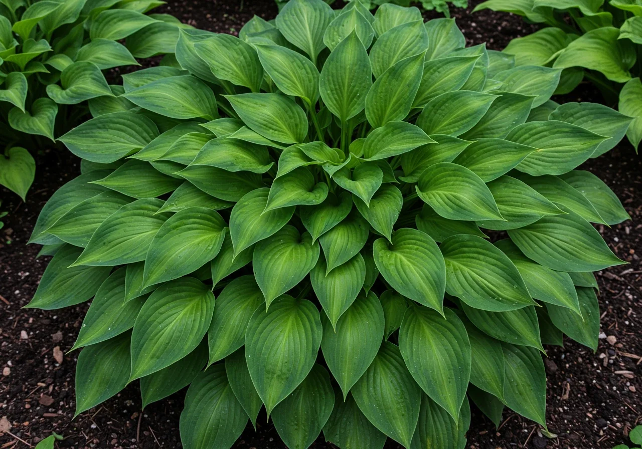 A close-up photograph vividly illustrating the problem of overcrowding. It should show a very dense clump of perennials, like Hostas or Daylilies, where the center leaves appear smaller, perhaps slightly yellowed or showing signs of die-back (the 'doughnut' effect mentioned), while the outer leaves are still relatively healthy but tightly packed. The image conveys competition for space and resources.