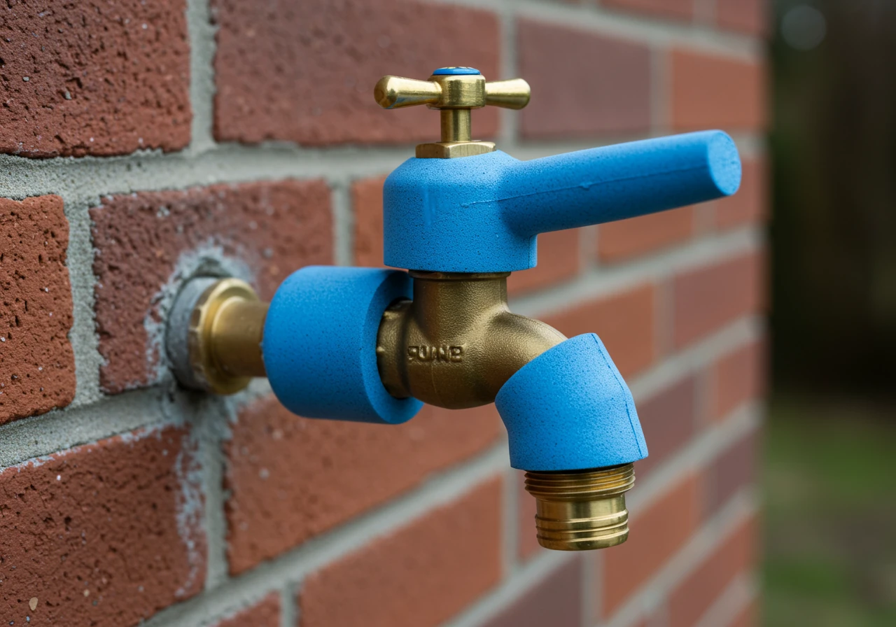 Clear, focused image of an outdoor water spigot or faucet properly prepared for winter. The faucet is covered securely with a standard, insulated foam faucet cover (e.g., blue or grey). The background shows a typical residential exterior wall (brick or siding) slightly out of focus.