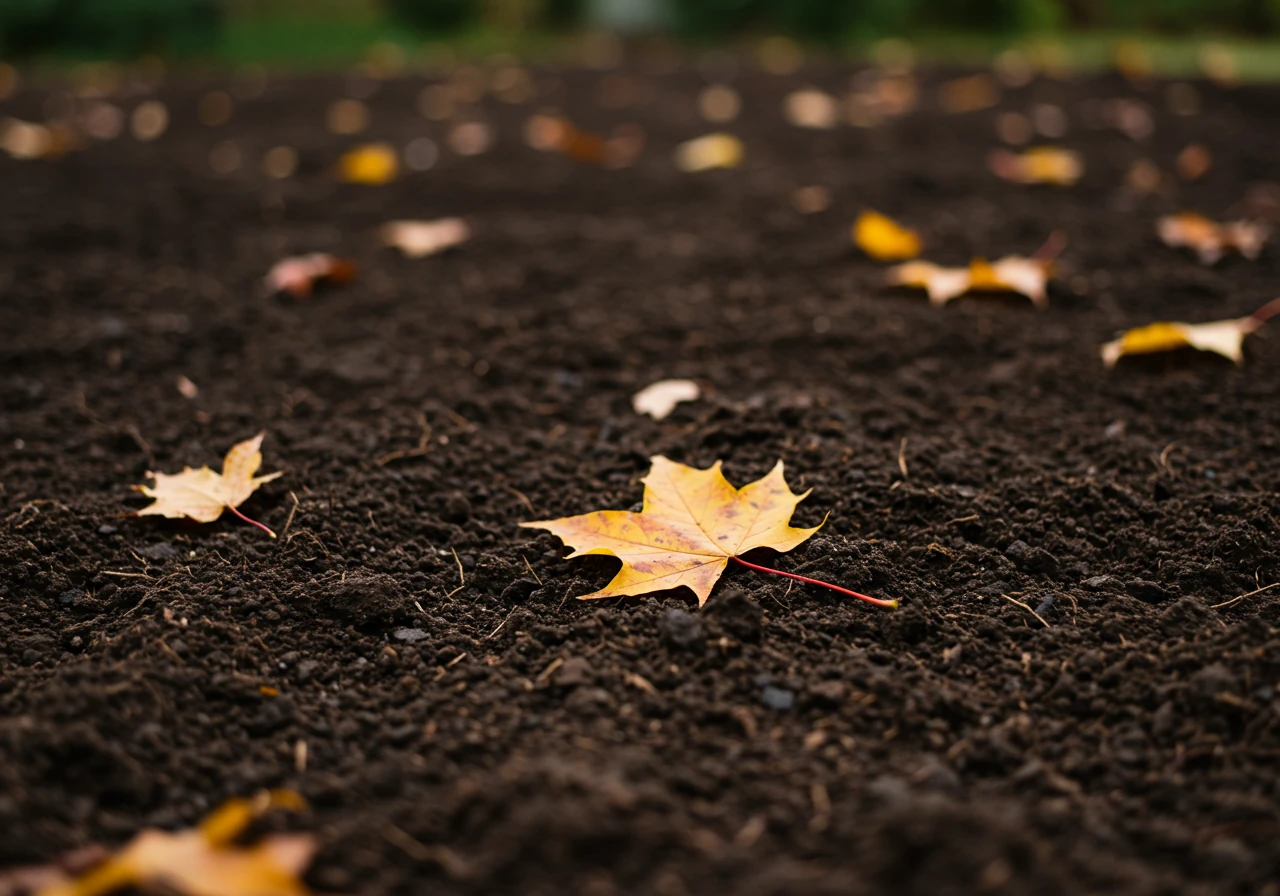 A photograph capturing the ideal conditions for fall grading work. Show rich, dark, workable soil that is slightly moist but not muddy or frozen, perhaps with a few colourful fallen autumn leaves scattered on the surface. This image visually represents the 'sweet spot' for soil workability described in the text.