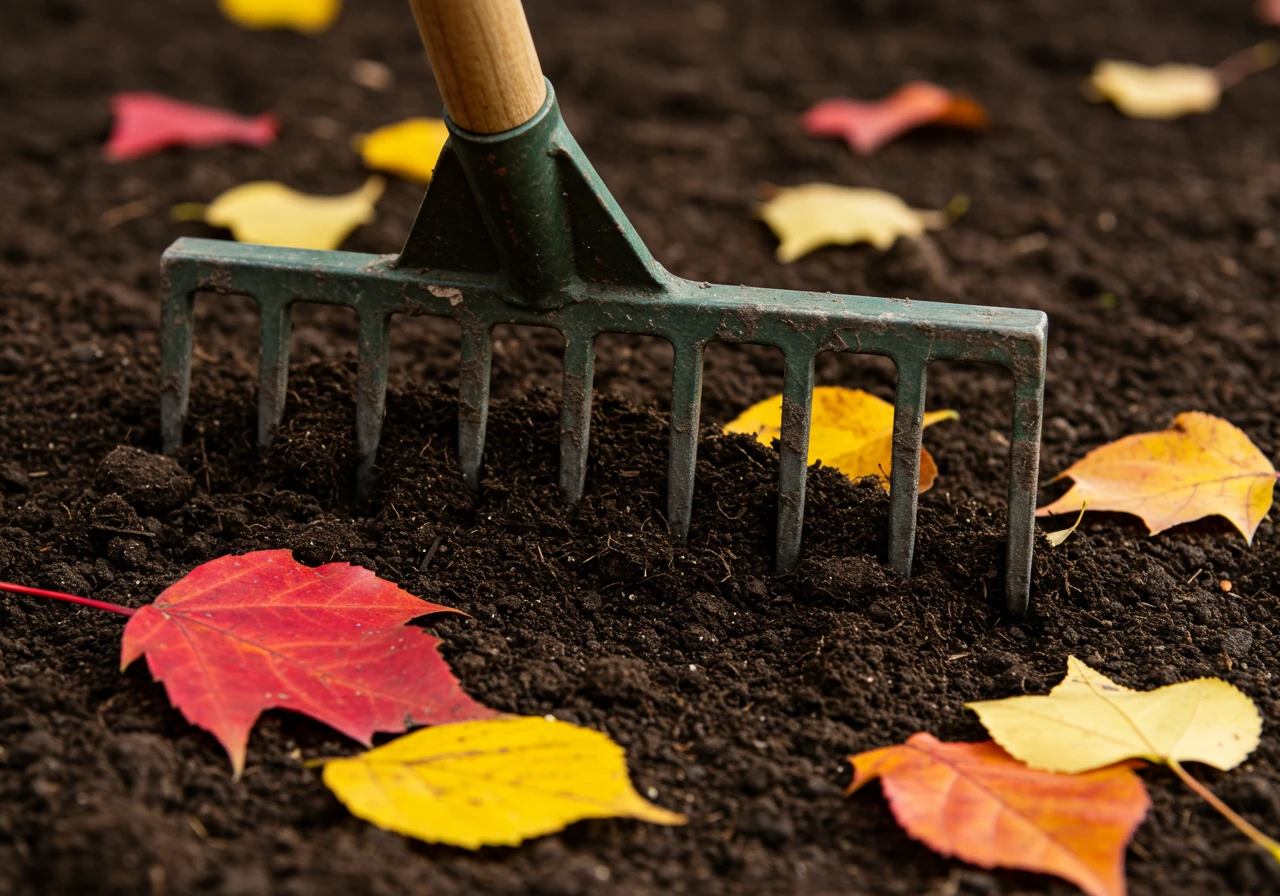 Show ideal fall working conditions: A close-up view of dark, rich, workable soil being easily turned or raked (tool only, no person). A few colourful fallen autumn leaves scattered on the surface indicate the season, contrasting with the muddy spring conditions mentioned earlier.